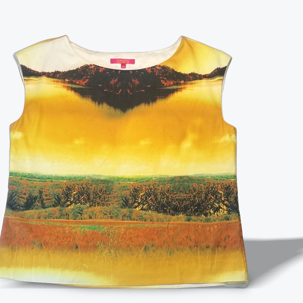 Catherine Malandrino Top All Over Print Yellow Landscape Blouse Womens Large